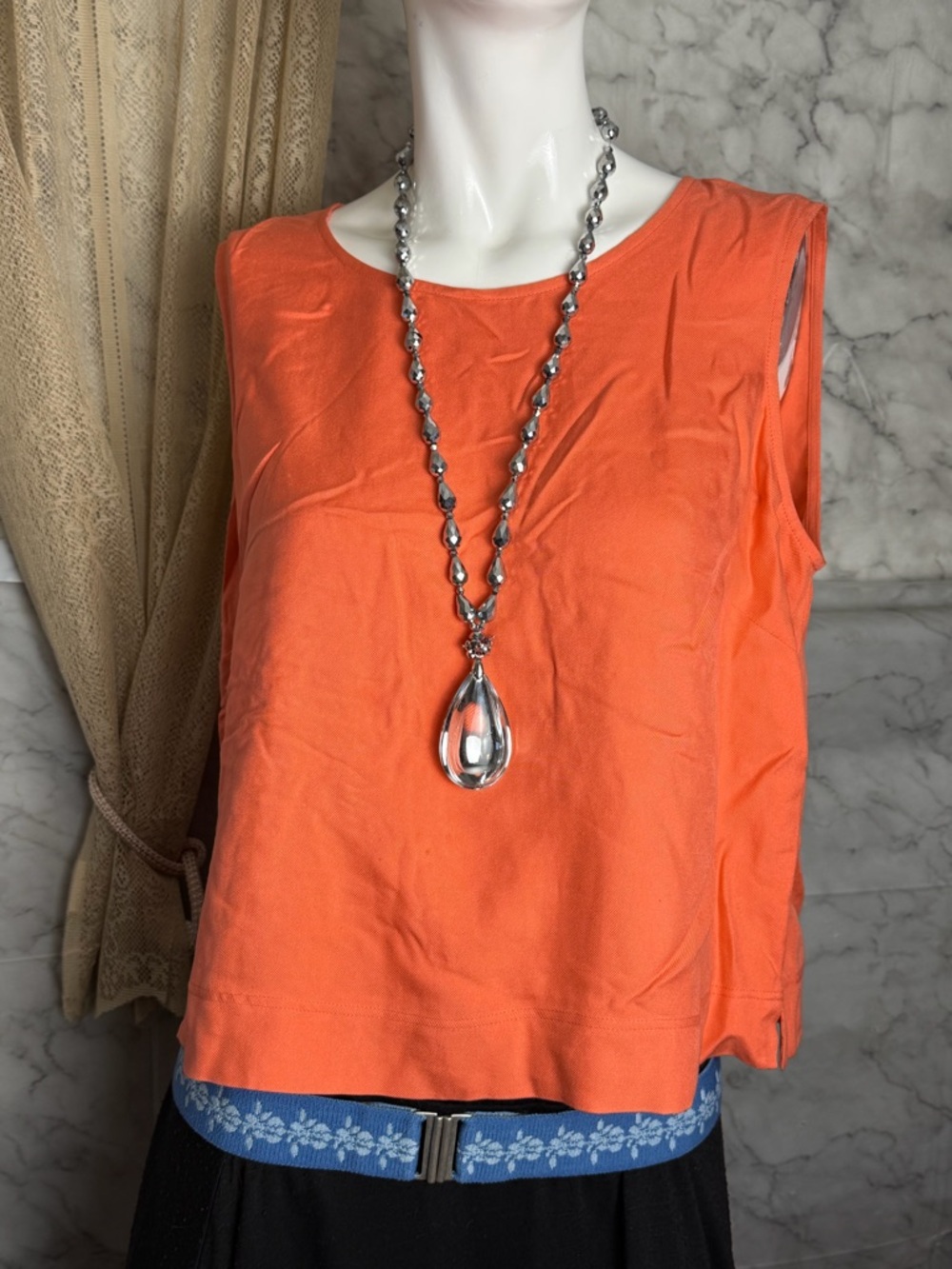 100% Silk Coral Orange Tank Top Wide Straps Sleeveless Blouse Slit Hem M Summer